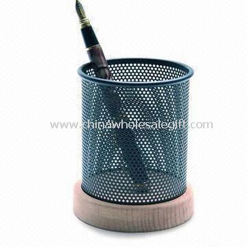 Punched Mesh Pen Holder with Wooden Bottom