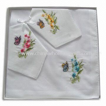 Ladies Embroidery Handkerchiefs with Satin Border