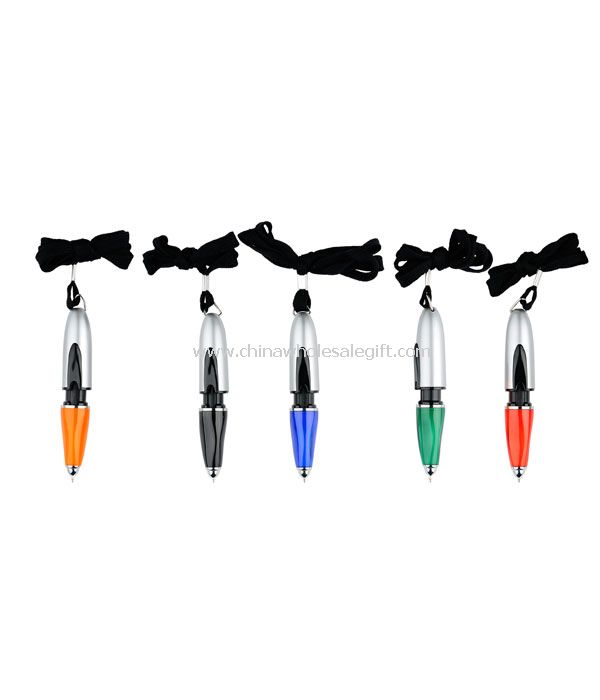Push action ball point pen with lanyard