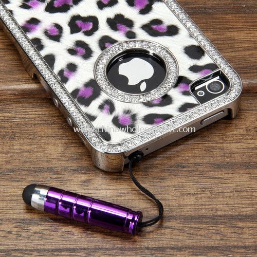 Deluxe bling leopard coperta tare din piele de caz cu stylus pentru iphone4 4S