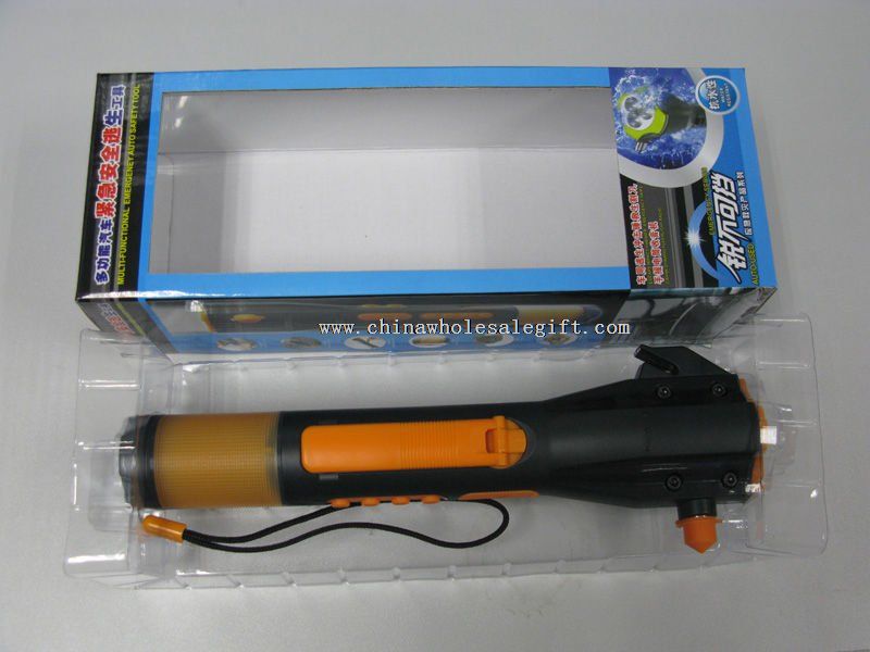 Emergency flashlight with emergency hammer