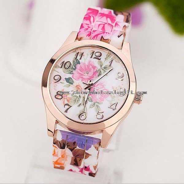 bunga cetak tali wanita fashion bunga berwarna silikon watches