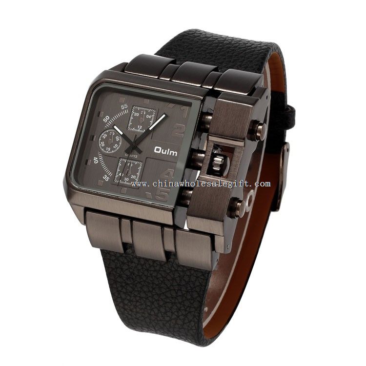 Men Wristwatch Wide Dial Leather Strap Quartz Watch