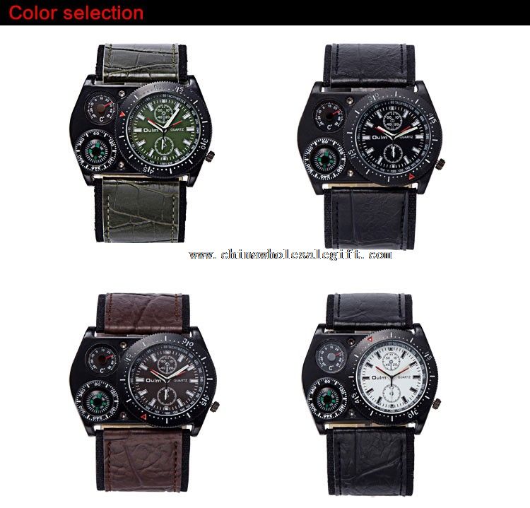 Military Leather Sports Compass Thermometer Watch