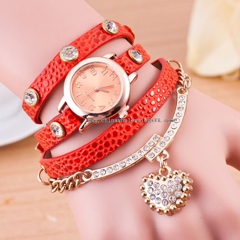 Diamond heart pendant long strap geneva bracelet watch
