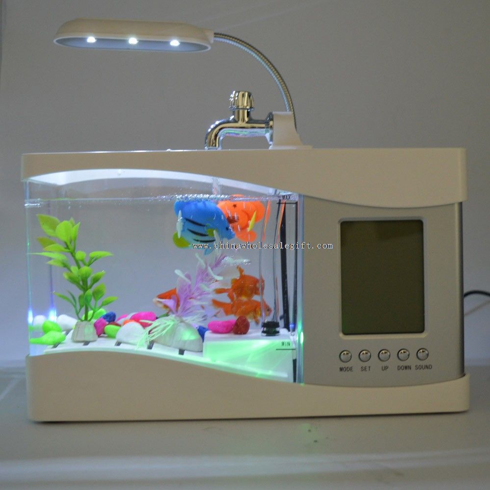 LED lys USB Mini acrylic fisken Tank med LCD kalenderen klokke
