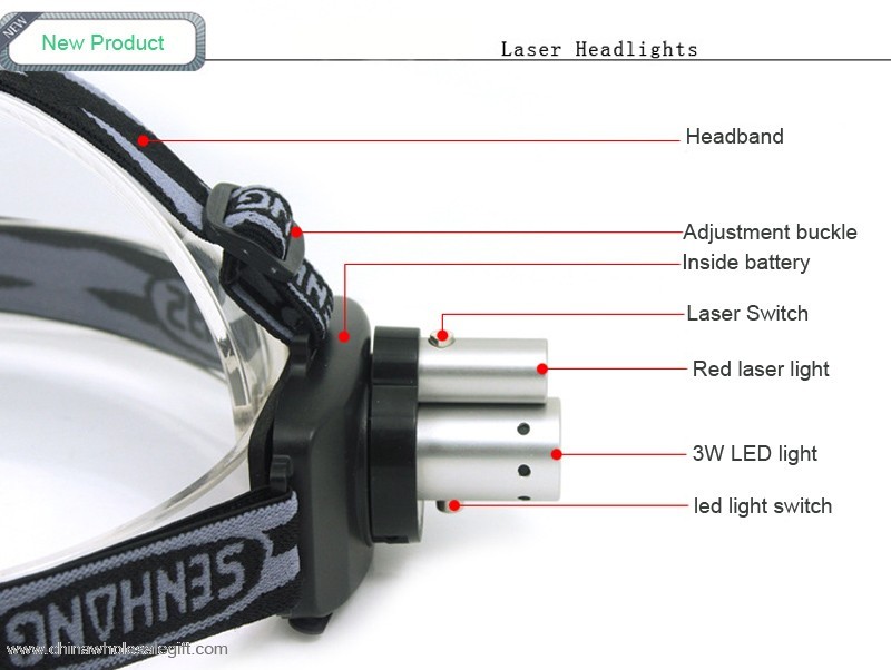 3W USB rechargeable led headlamp dengan sinar laser merah