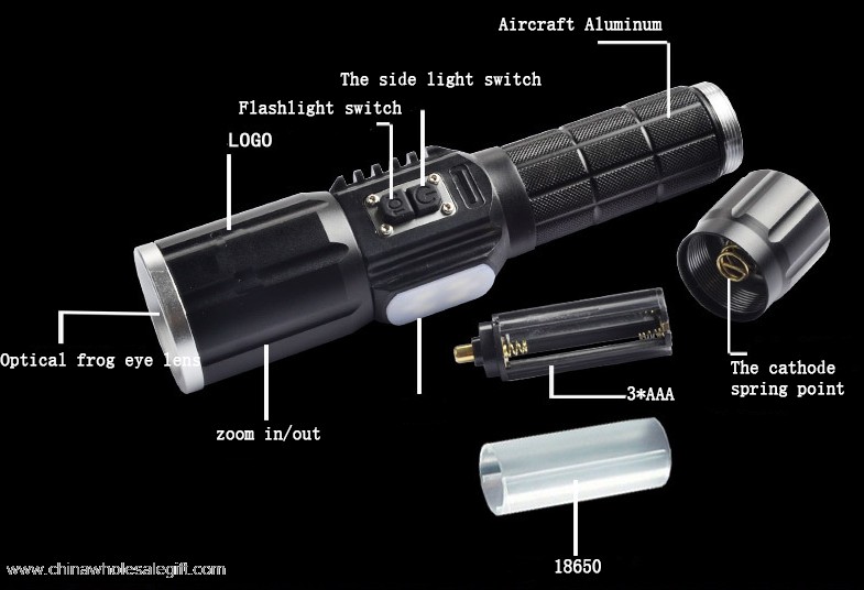 USB output waterproof 18650 Aluminium peringatan taktis flashlight