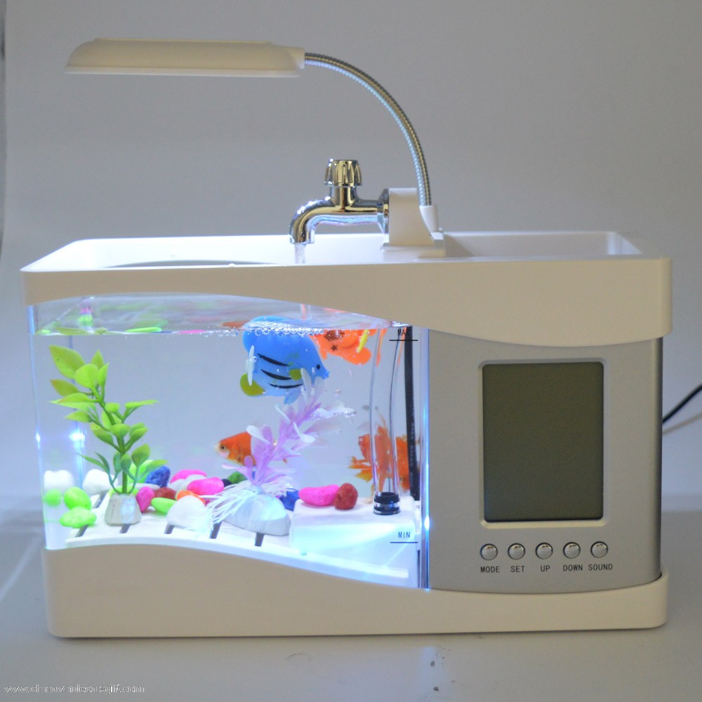 LED lys USB Mini akryl Fisk Tank med LCD Kalender ur