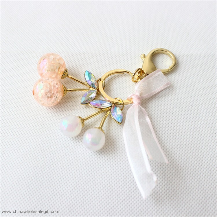 3D Mini Cherry Pink Ribbon Crystal Beads keychain