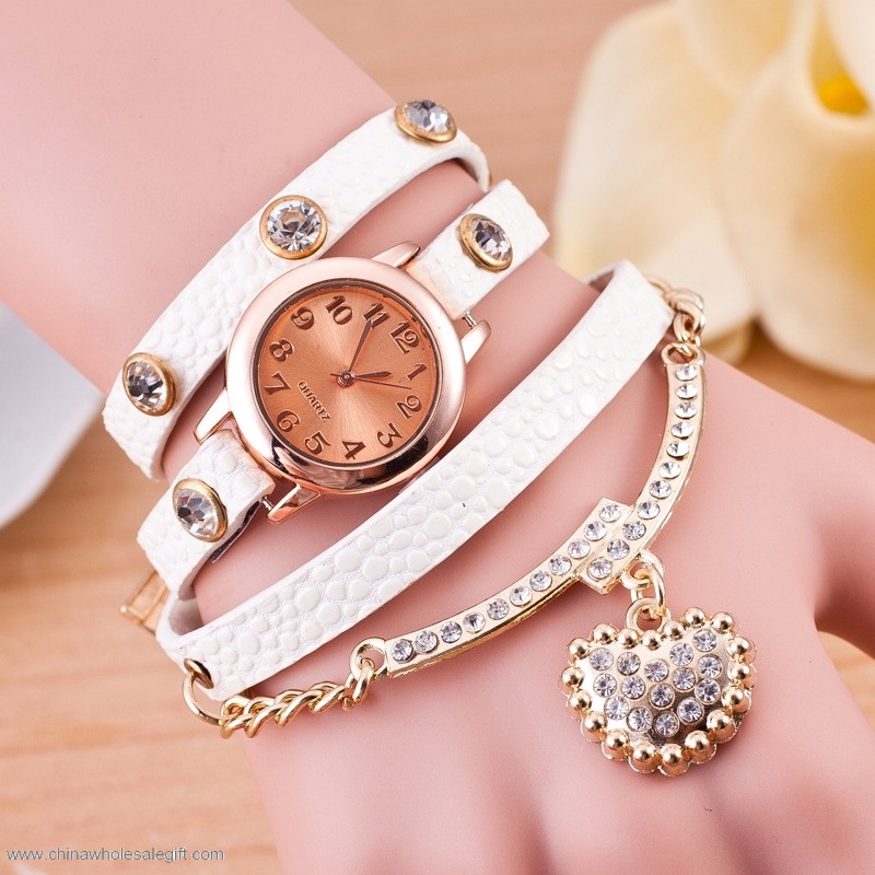 Diamond heart pendant long strap geneva bracelet watch