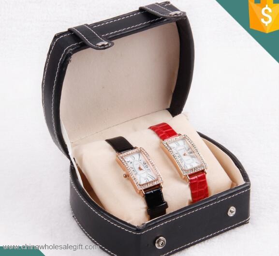 Negro Cuero Doble Reloj Regalo Caja